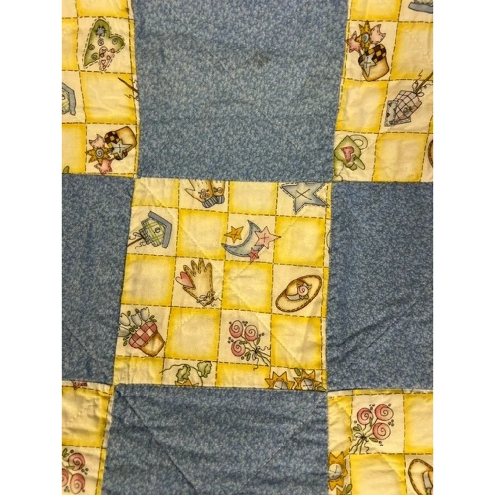 Handmade Patchwork Baby Quilt Birdhouse Garden Blue Pink 35x40 Nursery Blanket